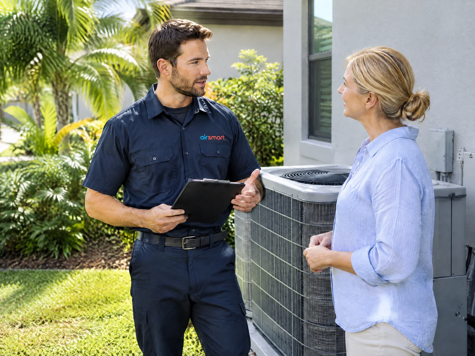 An HVAC technician discussing service with a homeowner beside an outdoor air-conditioning unit.